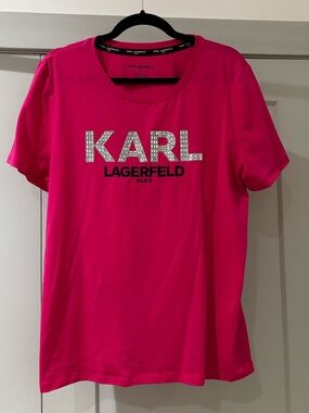 Karl Lagerfeld Hot Pink Tee with Silver Crystal Logo, size L